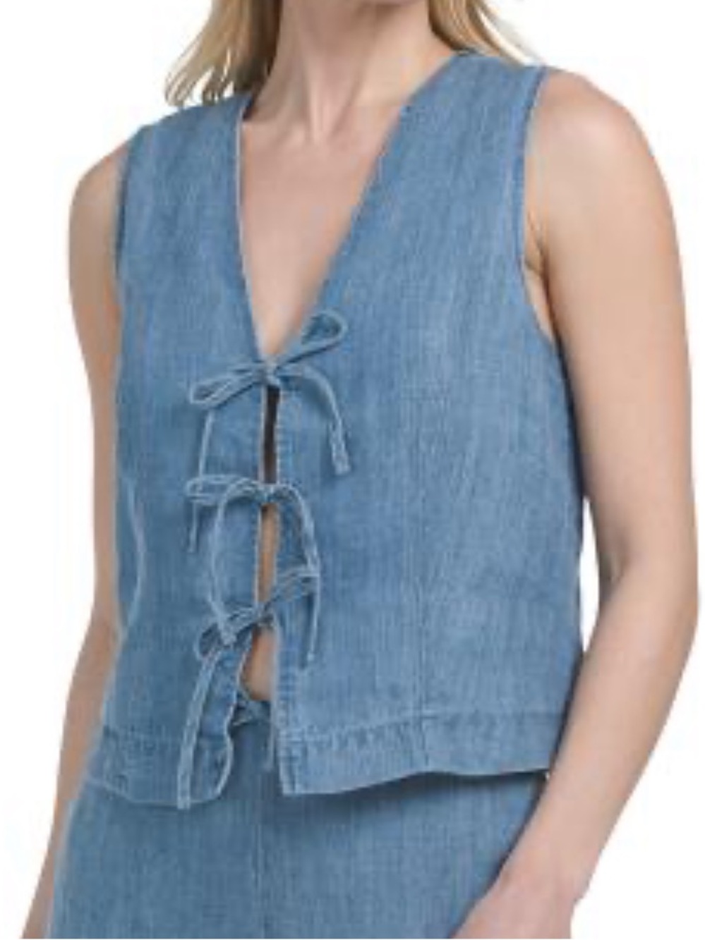 Light Blue Denim Tie-Front Sleeveless Top